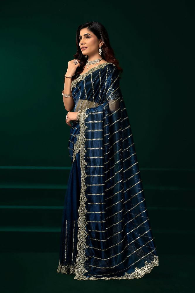 Navy Blue Net Party Wear Saree with Black Velvet Blouse Set
