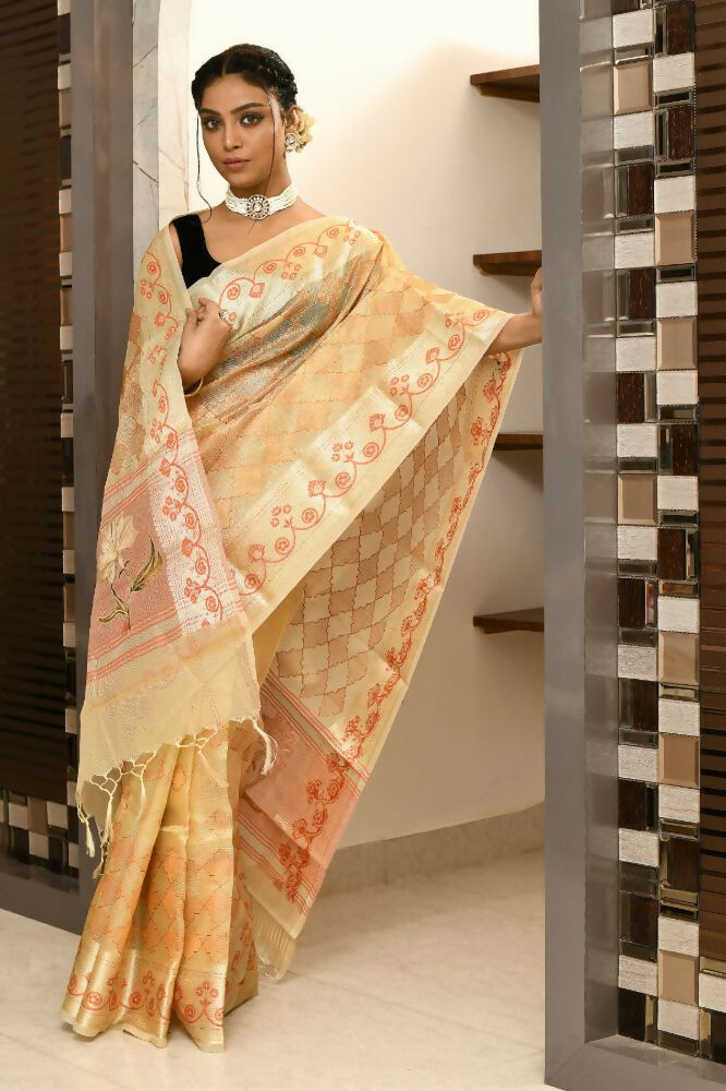 Light Orange Kota Tissue Saree with Embroidery & Appliqué Anchal