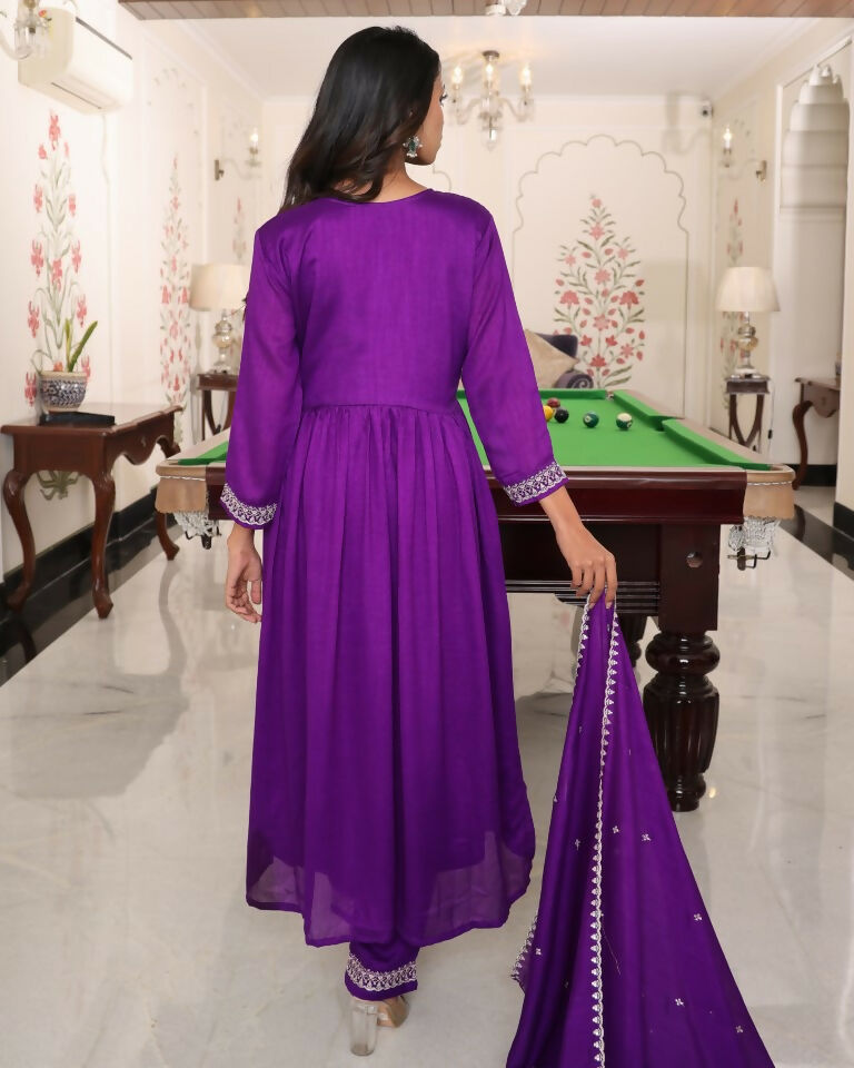 Purple Soft Silk Embroidered A-Line Designer Kurta Set