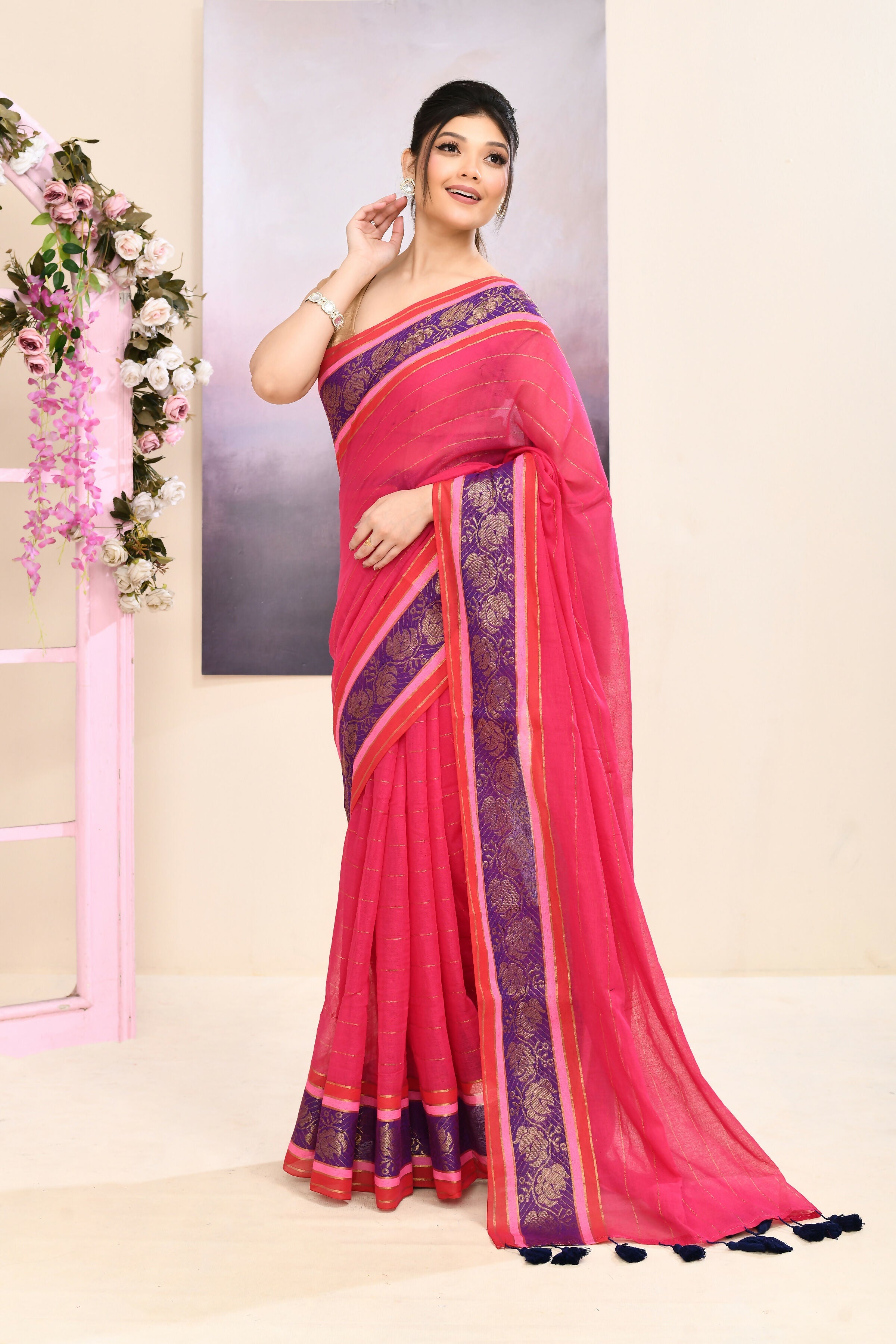Piyari Fashion rani pink cotton saree with embellished zari border