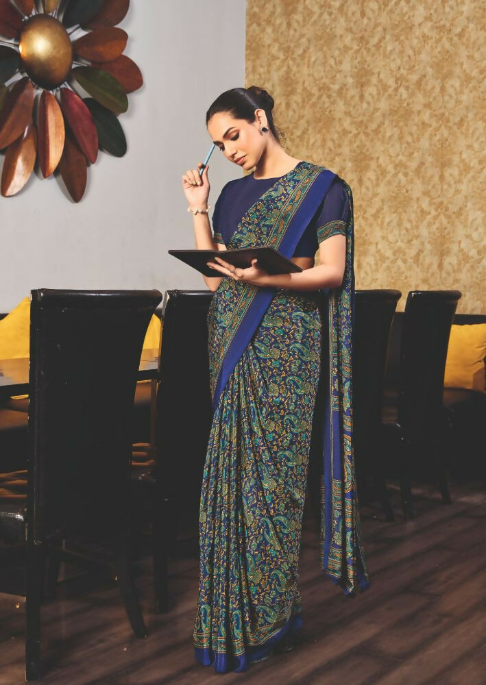 Joban Fashion Blue Crepe Silk with Traditional Print Saree