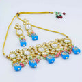 Multicolor Kundan necklace set in gold, blue, pink, and green stones
