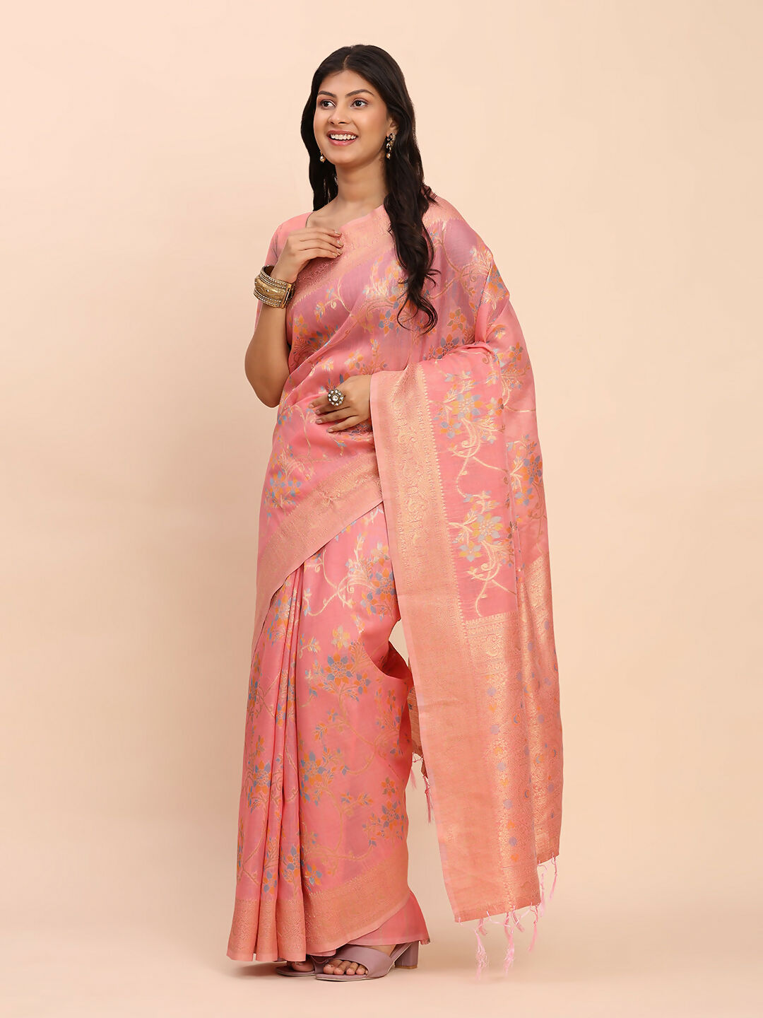 Elegant Peach Linen Cotton Saree with Matching Blouse