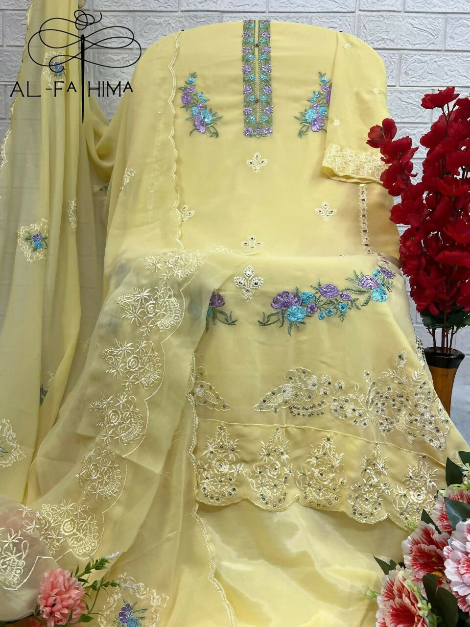 Light Yellow Faux Georgette Kurta Set with Heavy Embroidery and Moti