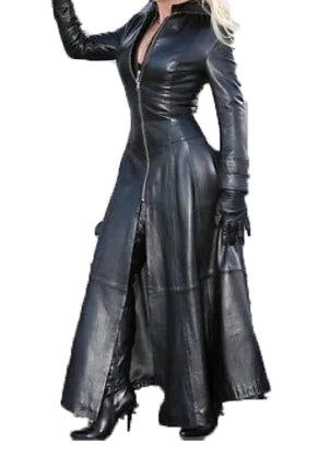 Women's Long PU Leather Jacket with Stand Collar