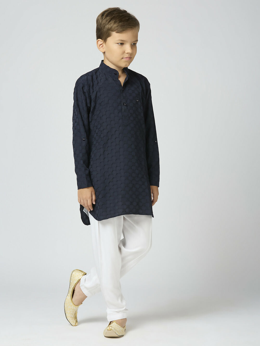 Boys Navy Blue Texture Cotton Kurta and Pyjama Festive Set