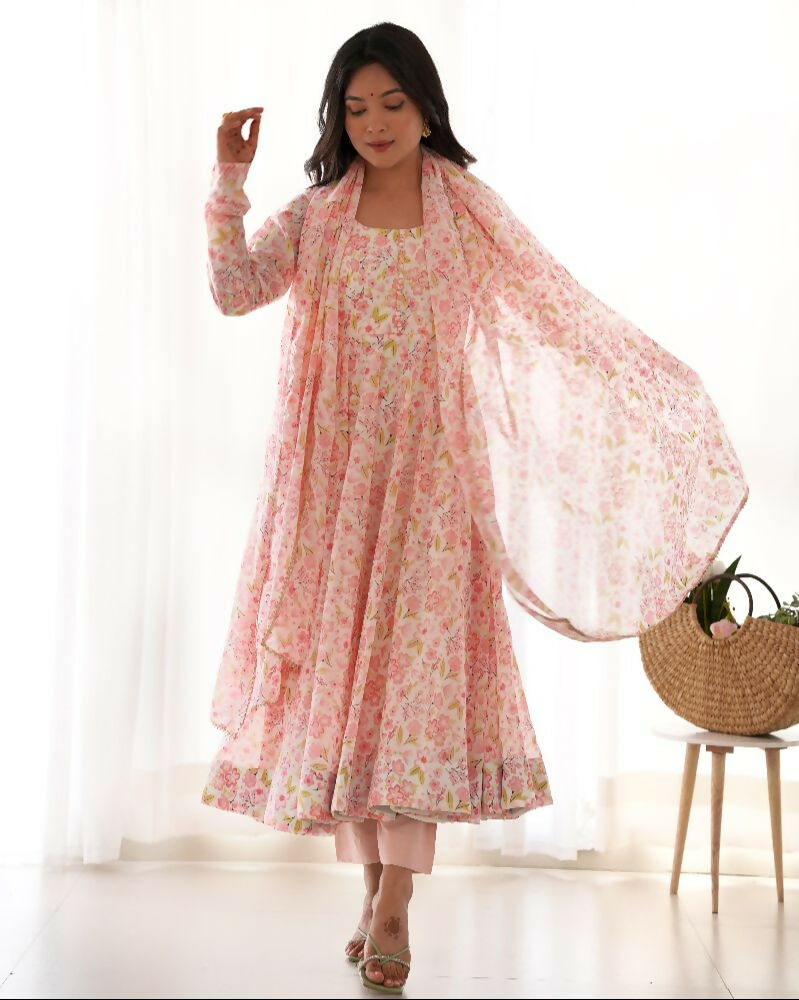 Peach Organza Kurta Set with Sequin Embroidery for Women