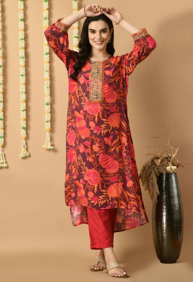 Red Maslin Kurta Set with Cotton Bottoms - 2-Piece Ethnic Wear