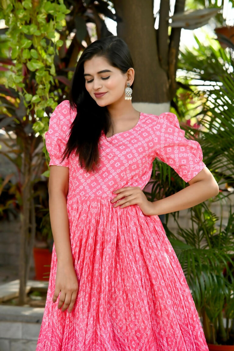 Pink Bandhej Print Muslin Anarkali Dress with Crush Pleating