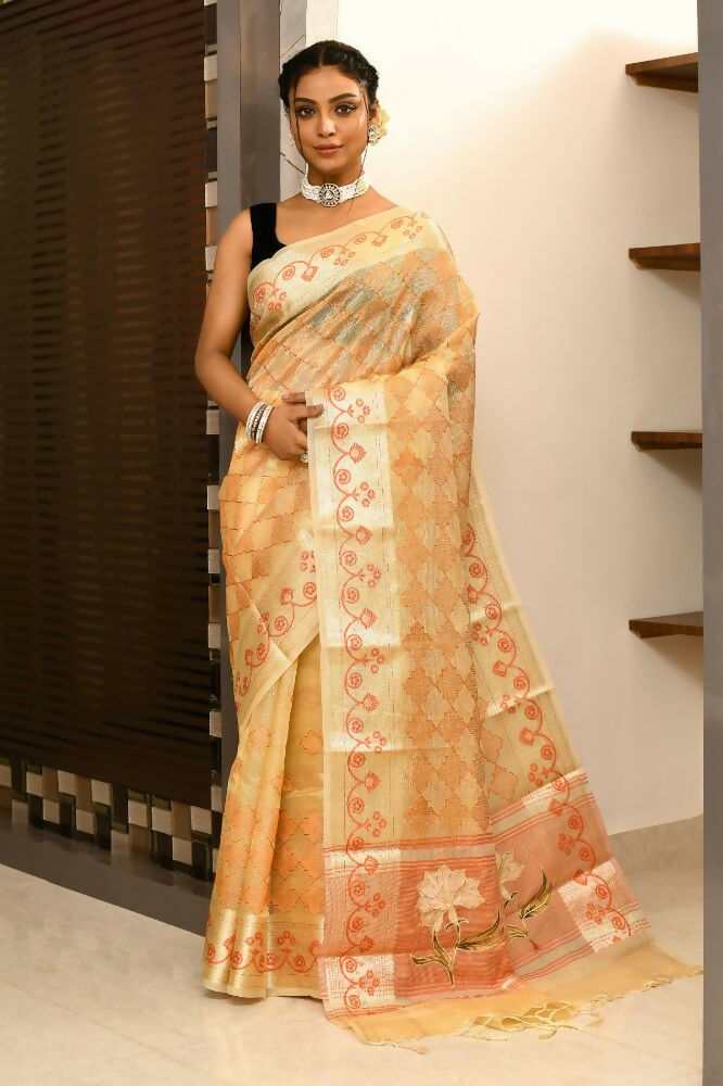 Light Orange Kota Tissue Saree with Embroidery & Appliqué Anchal