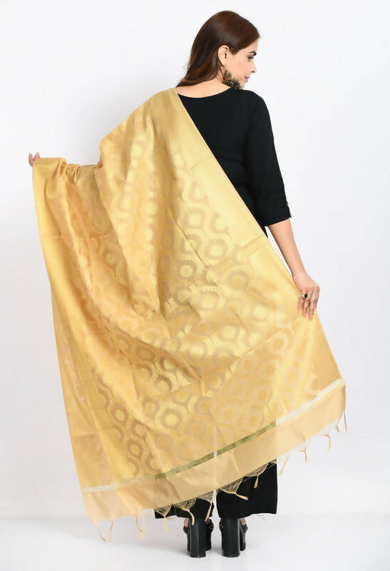 Women's Golden Banarsi Silk Dupatta with All Over Geometric Weave