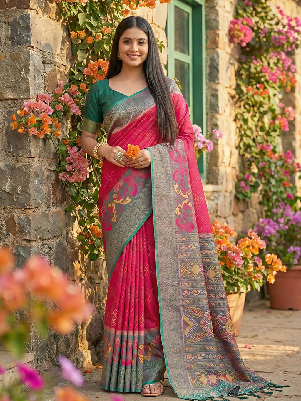 Pink Pochampally silk saree with traditional weave and matching blouse