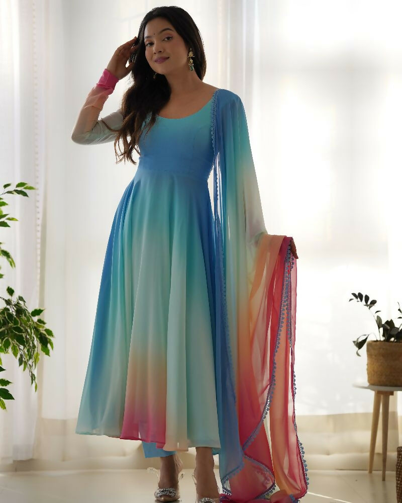 Sky Georgette Kurta Set with Sequence Embroidery 3-Piece Outfit