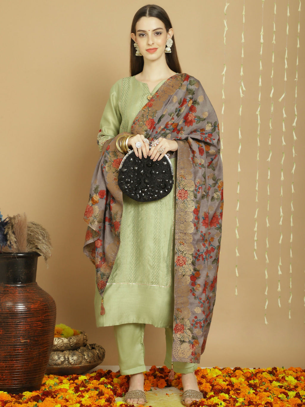Women's Green Chanderi Silk A-Line Kurta with Trousers & Dupatta
