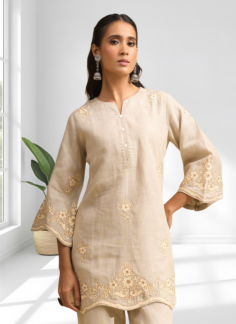 Beige Linen Embroidered Cord Set for Festive and Semi-Formal Wear