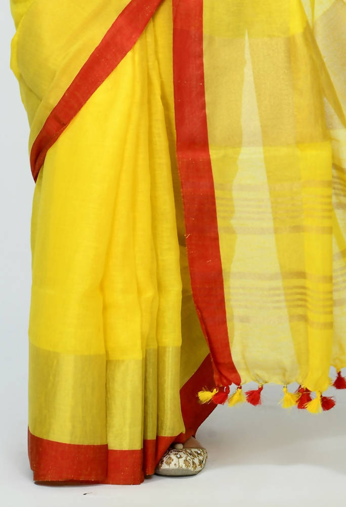 Pure Linen Yellow Saree with Contrasting Red Blouse Piece