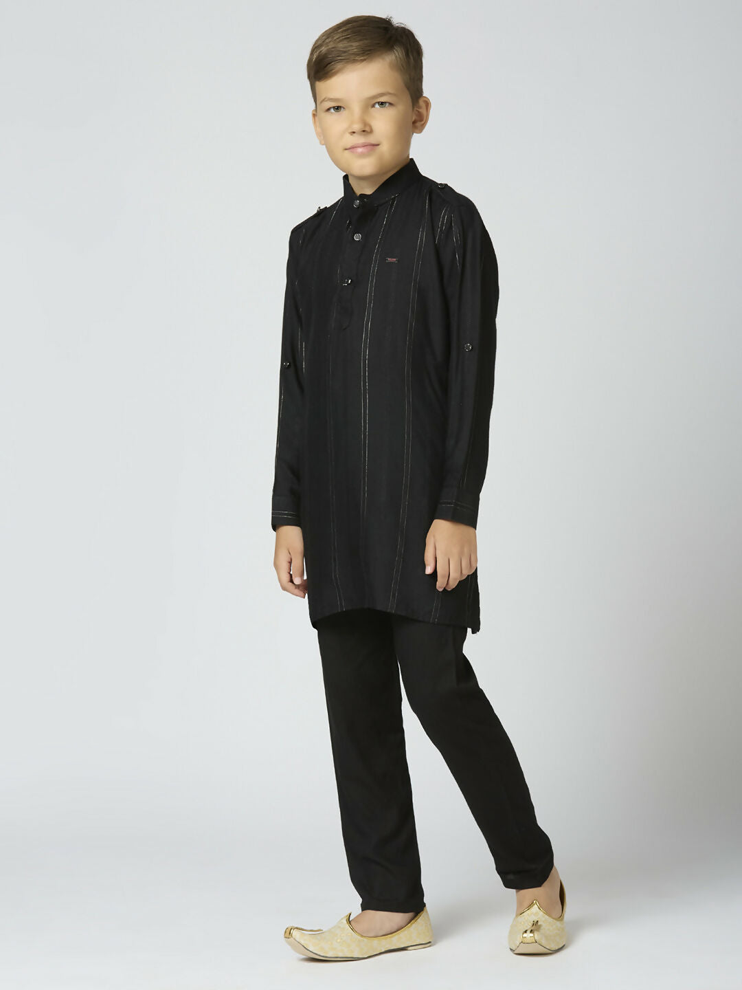 Boys Black Cotton Kurta and Pyjama Set with Striped Details