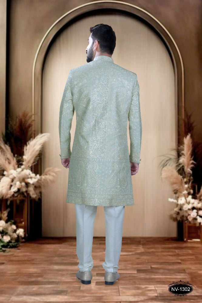 Boys Green Base Silk Kurta with Embroidered Pyjama Set