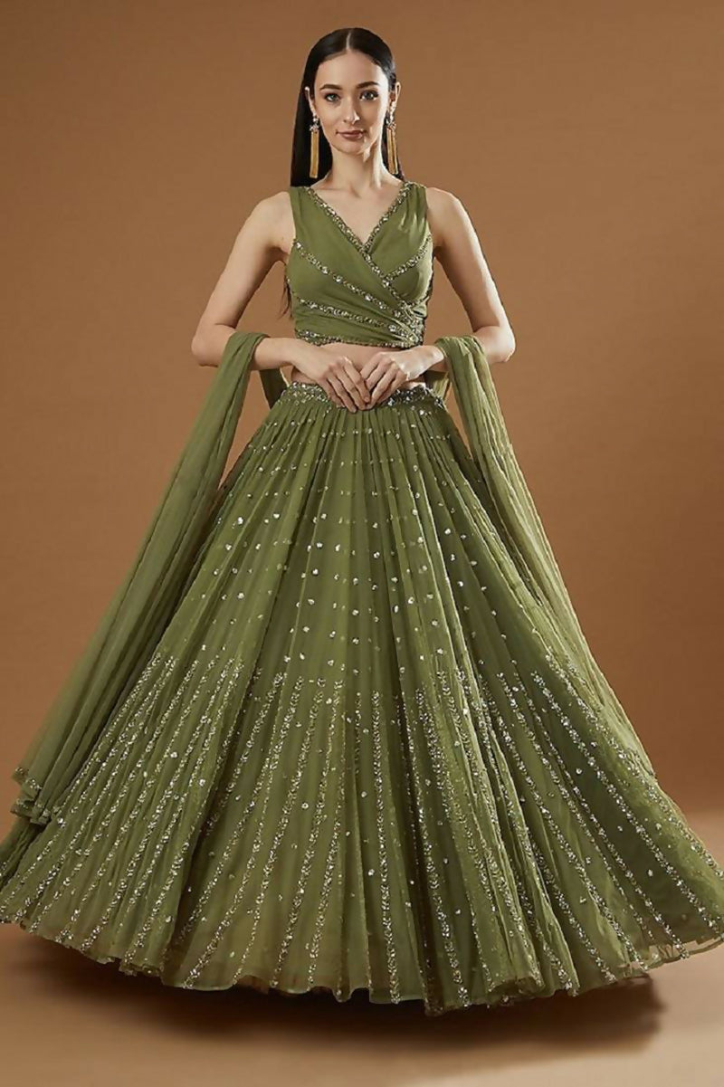 Olive green georgette lehenga choli with gold zari embroidery