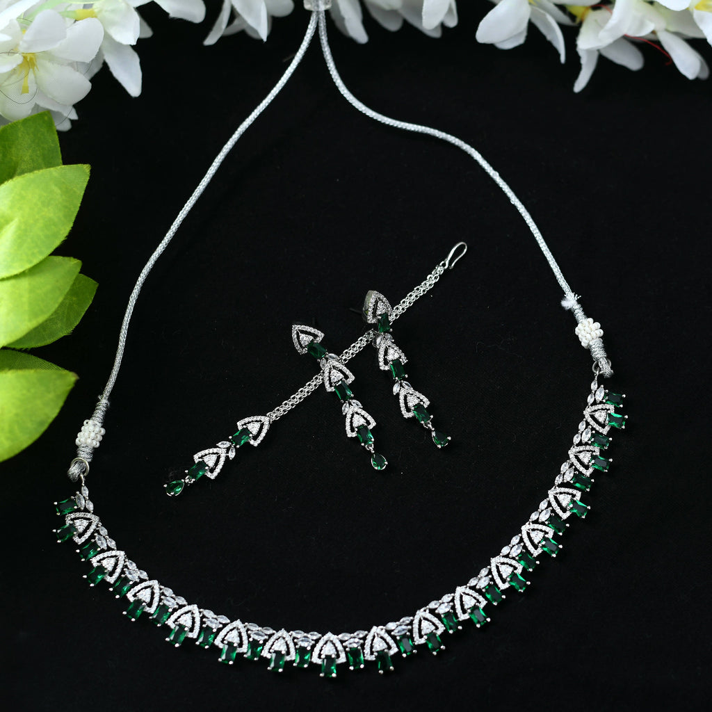 Silver-plated American Diamond choker set featuring vibrant green stones
