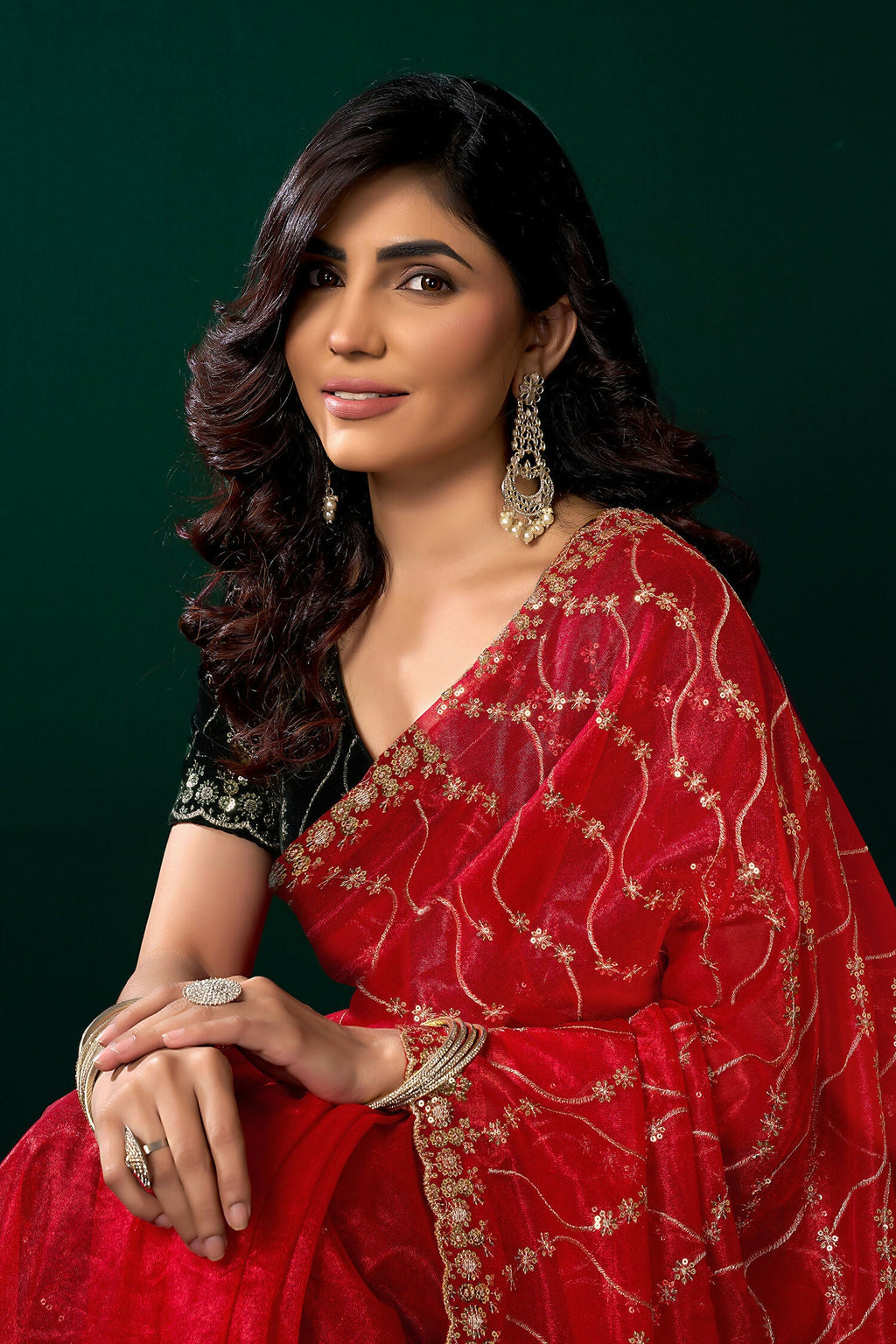 Red Net Party Wear Saree with Black Velvet Blouse