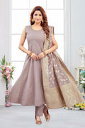 Elegant dusty peach jacquard kurta set with matching dupatta and cotton lining