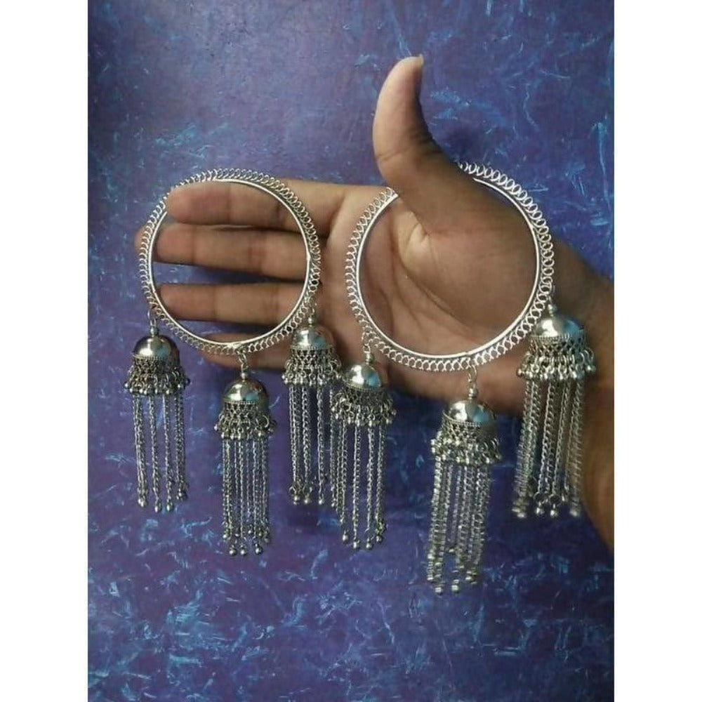 Silver latkan bangle featuring decorative jhumkas and hanging chains