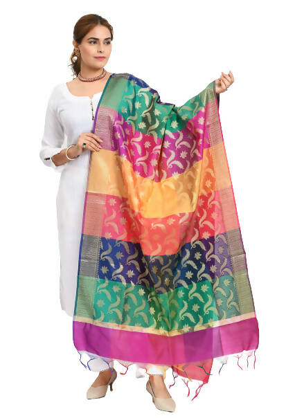 Multi-color Banarsi silk dupatta with intricate floral woven details