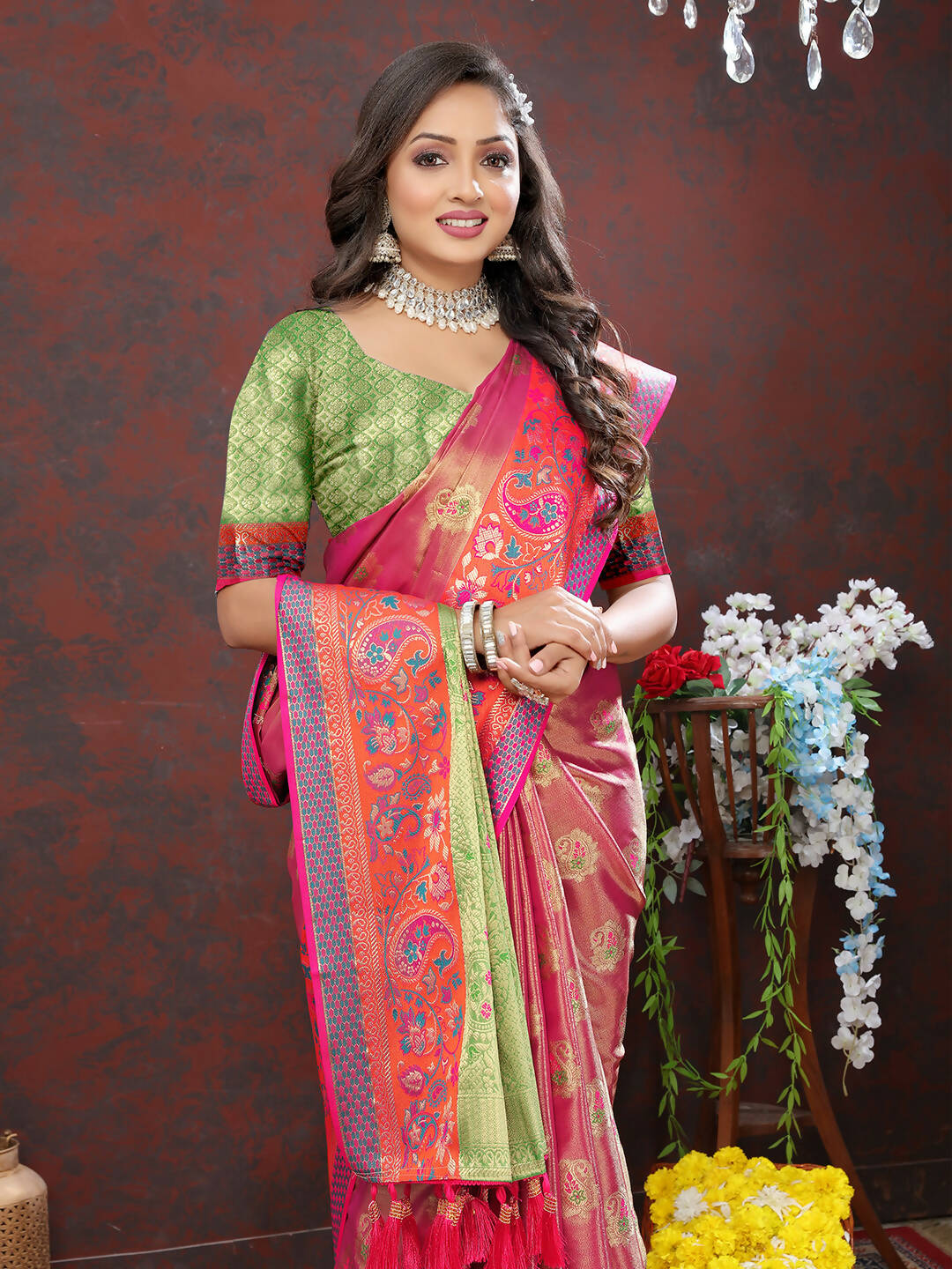 Magenta Kanjivaram Silk Saree with Traditional Zari Weaving