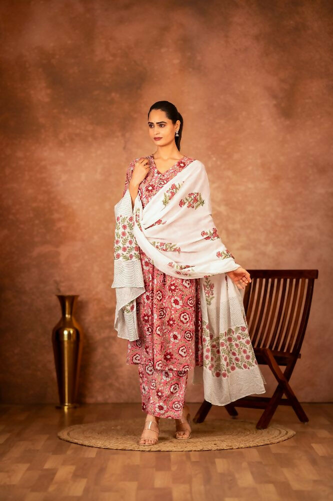 Elegant Pink Hand Block Printed Cotton Suit Set