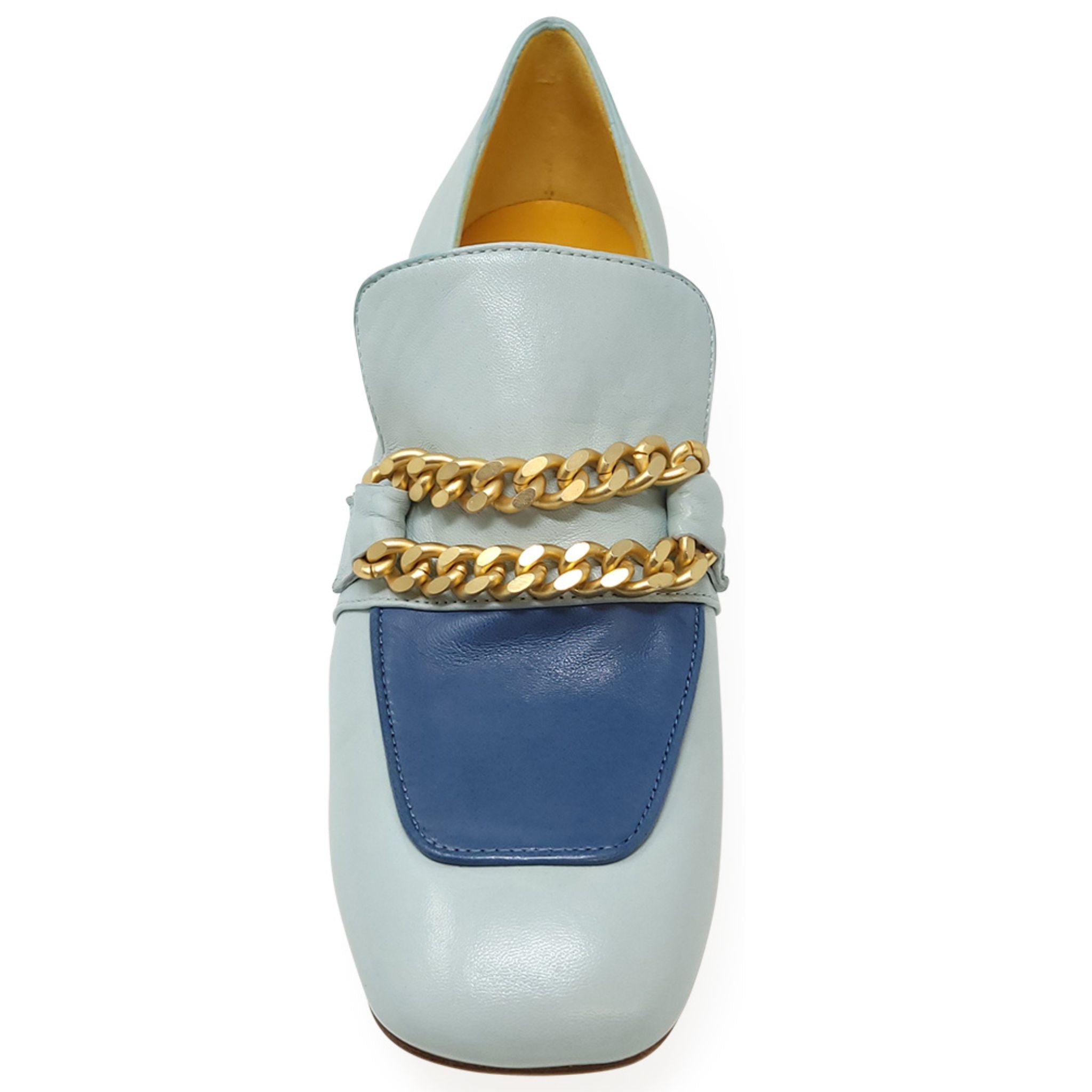 Turq/Blue Leather Mid Heel Loafer W/Chain