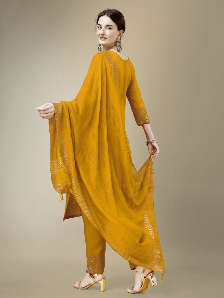 Women's Yellow Embroidered Cotton Blend Straight Kurta Set