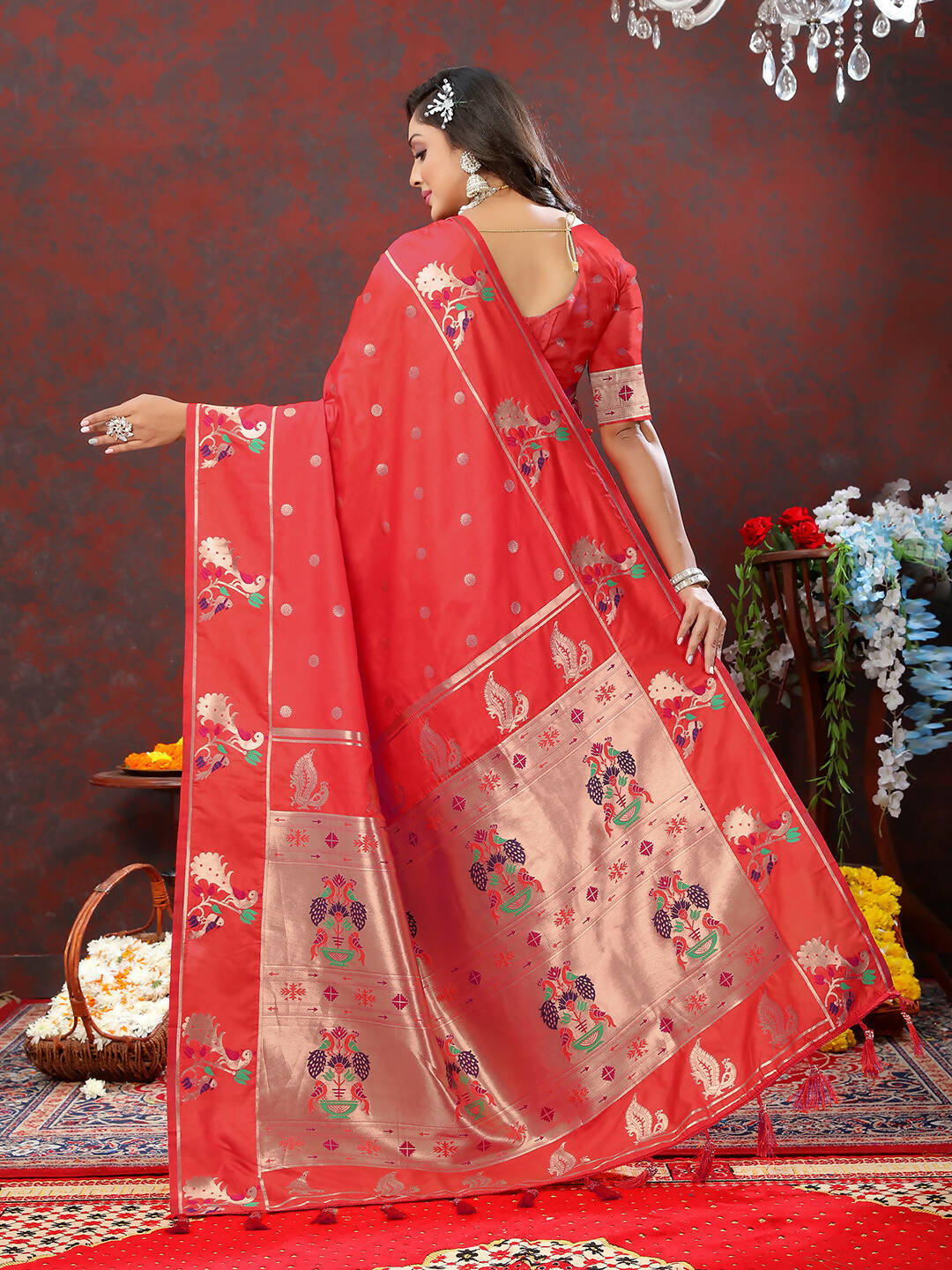 Red Soft Paithani Silk Saree with Copper Zari Meenakari