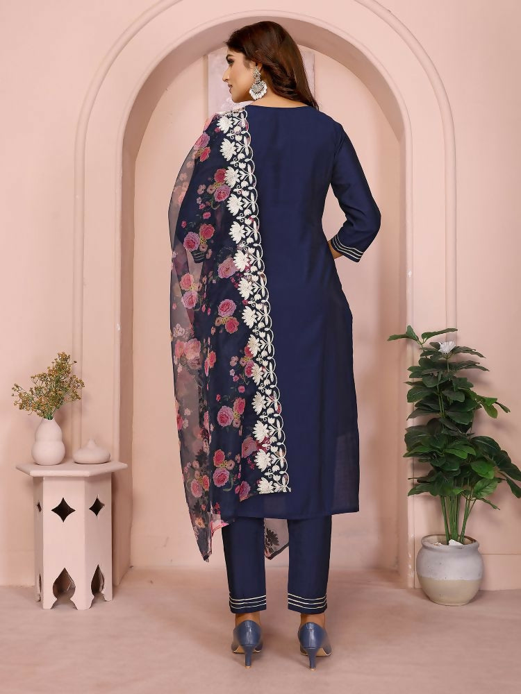 Women Navy Blue Roman Embroidery Stitched Kurta Set