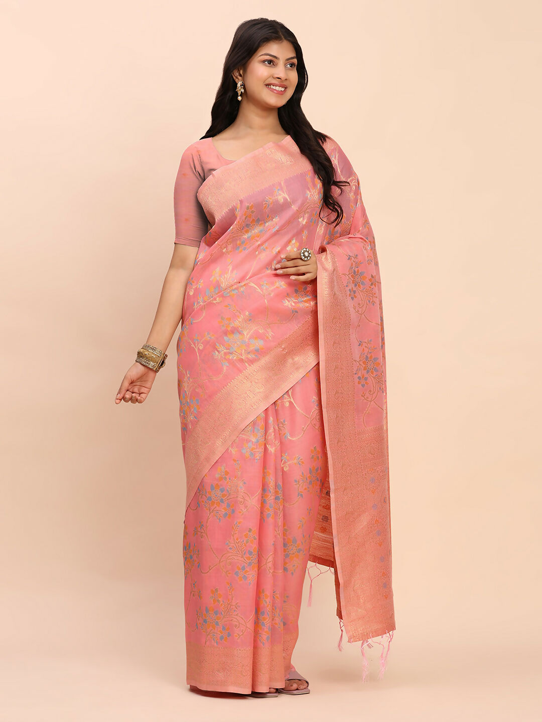Elegant Peach Linen Cotton Saree with Matching Blouse