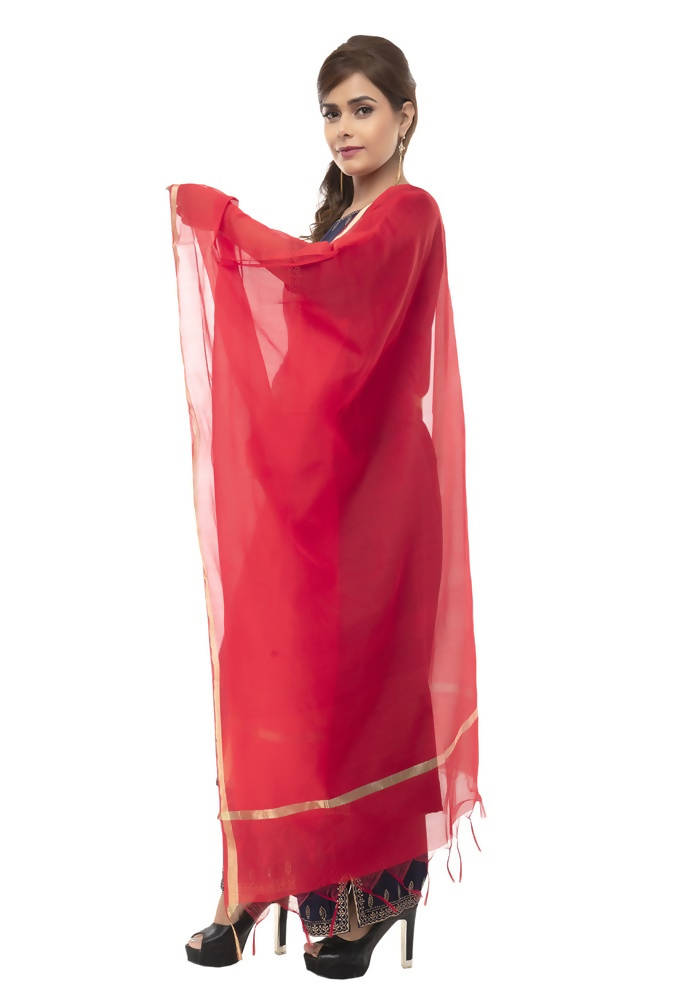 Red Banarsi Chanderi Dupatta with Elegant Piping Detail