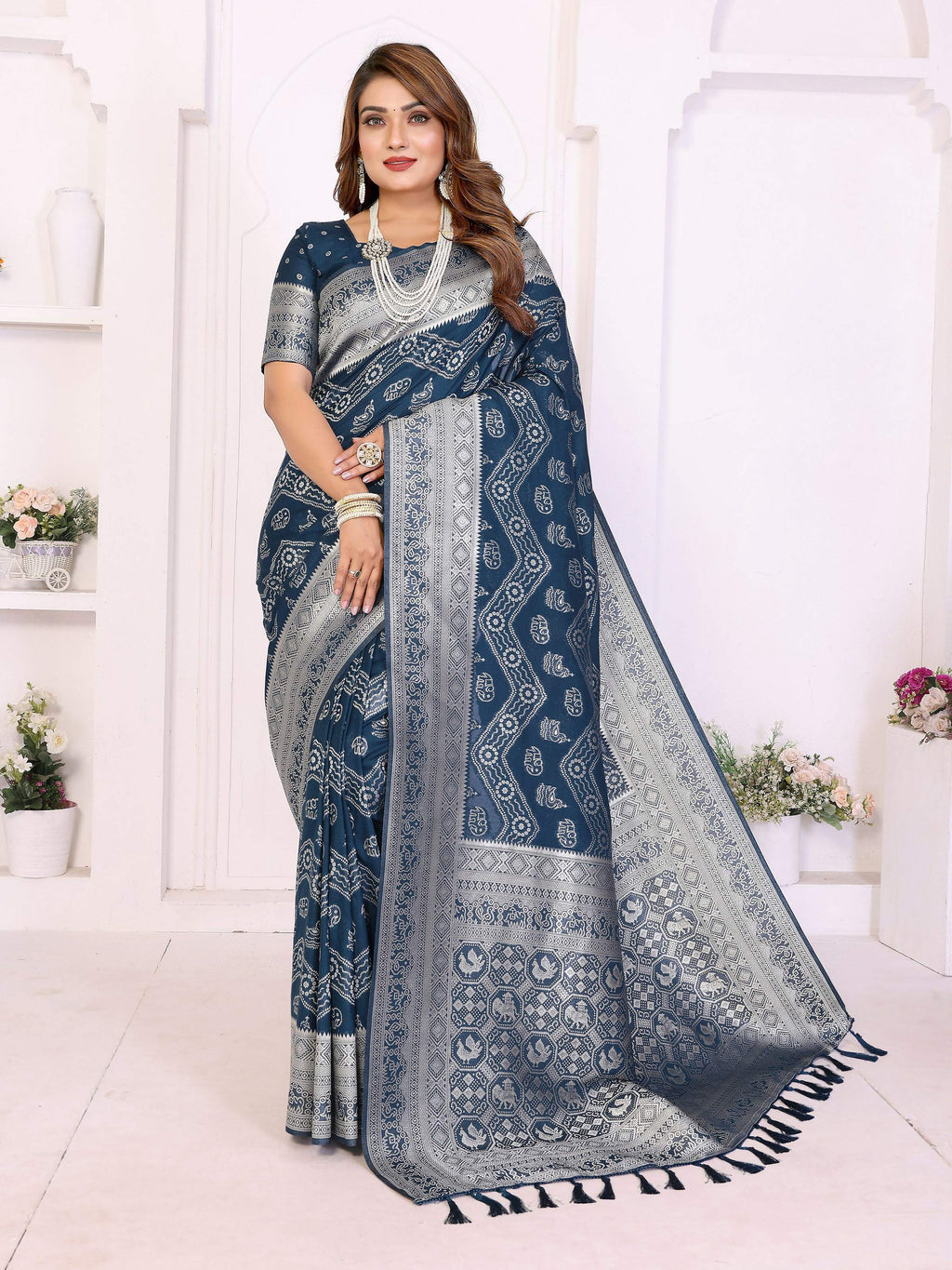 Teal Blue Georgette Silk Saree with Leheriya pattern and gold zari weaving