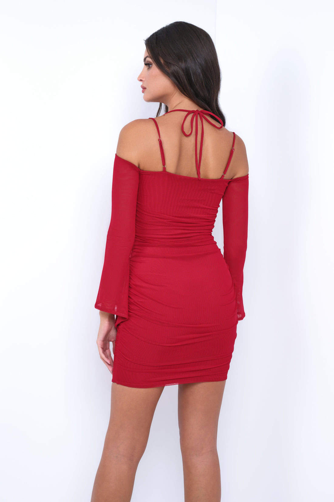 Zoe Ruched Mini Dress in Deep Red with Bell Sleeves - Image 4
