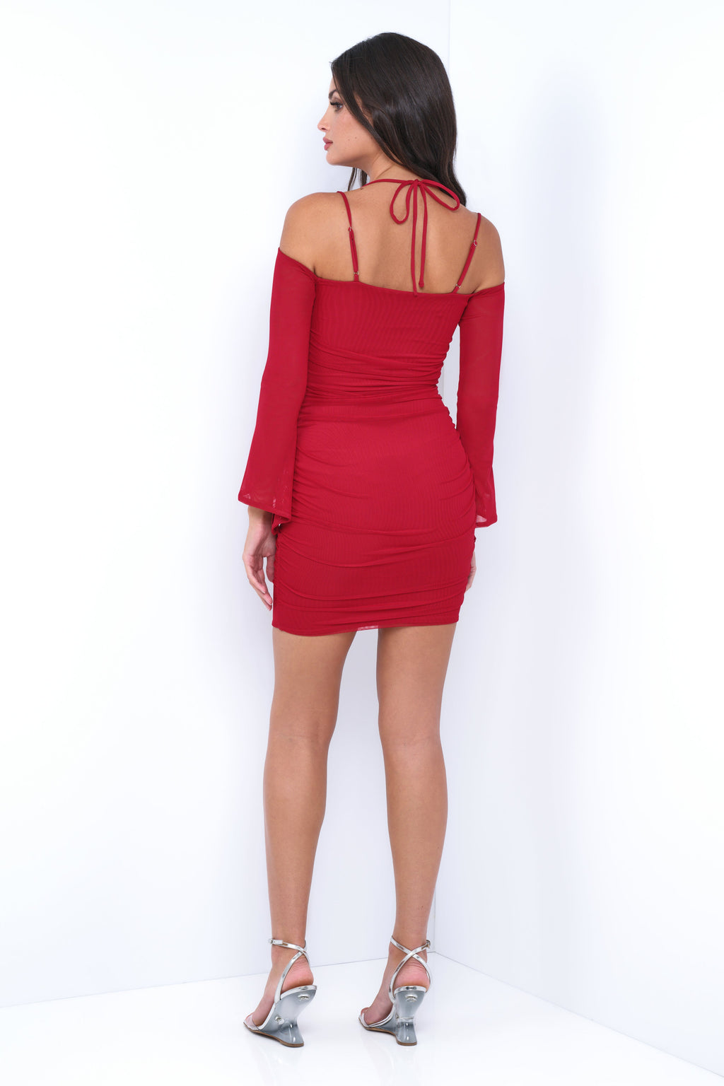 Zoe Ruched Mini Dress in Deep Red with Bell Sleeves - Image 9