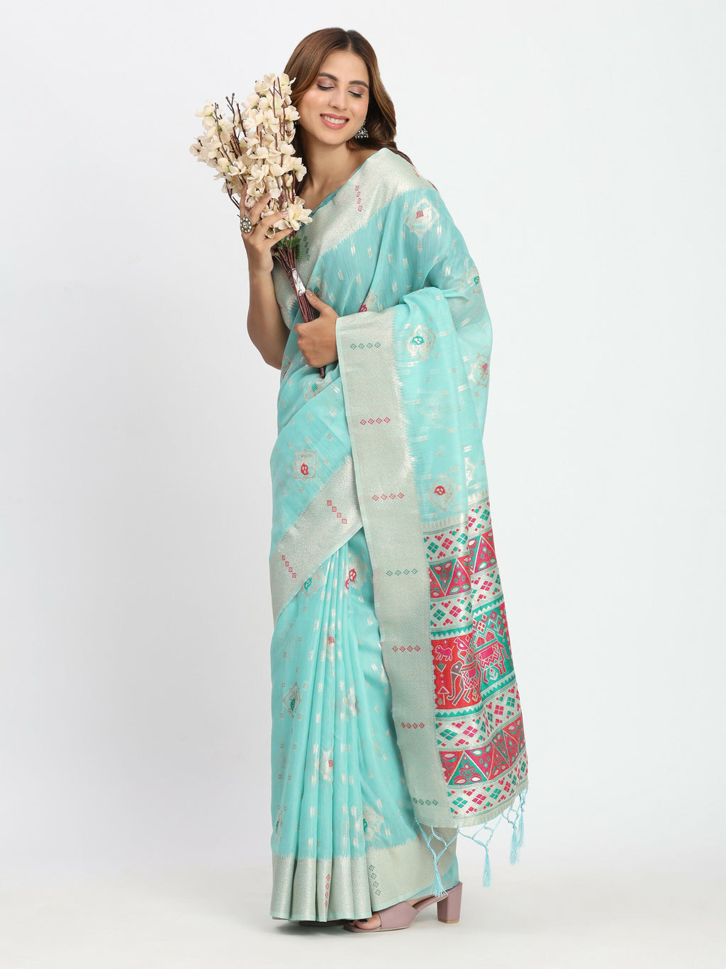 Sea Green Linen Cotton Saree with Matching Blouse Piece