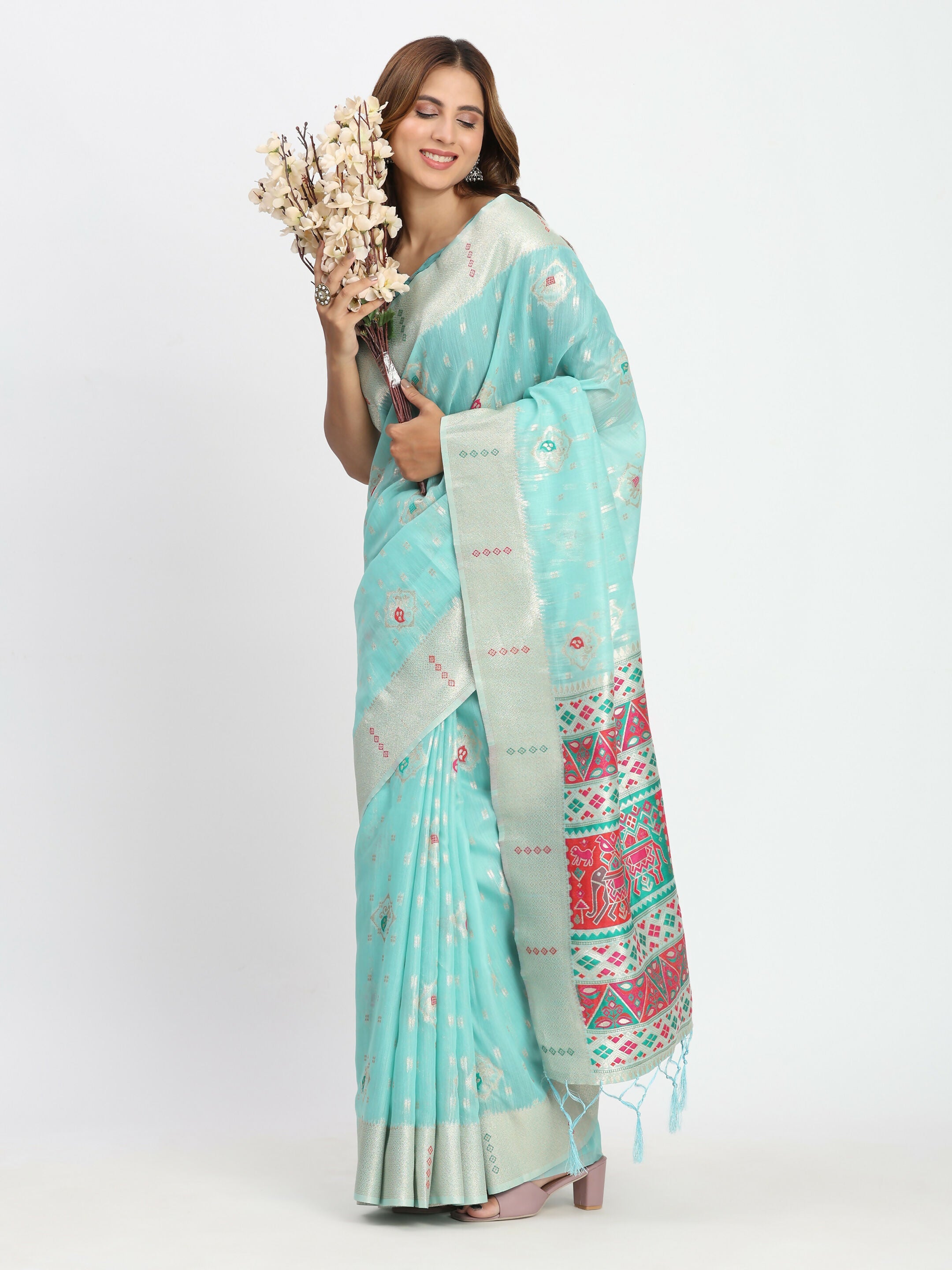 Sea Green Linen Cotton Saree with Matching Blouse Piece