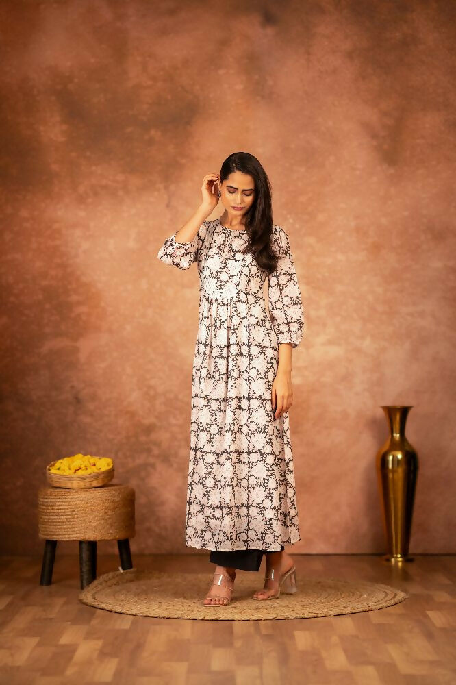 Black Floral Hand Block Printed Cotton Kurta Pant Set