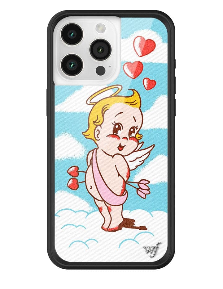 iPhone case featuring a cute angel character in the clouds with red hearts and a black protective rubber bumper