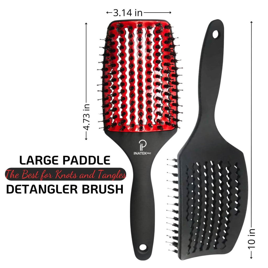 Large Curved Vented Boar Bristle Detangler Brush in Red