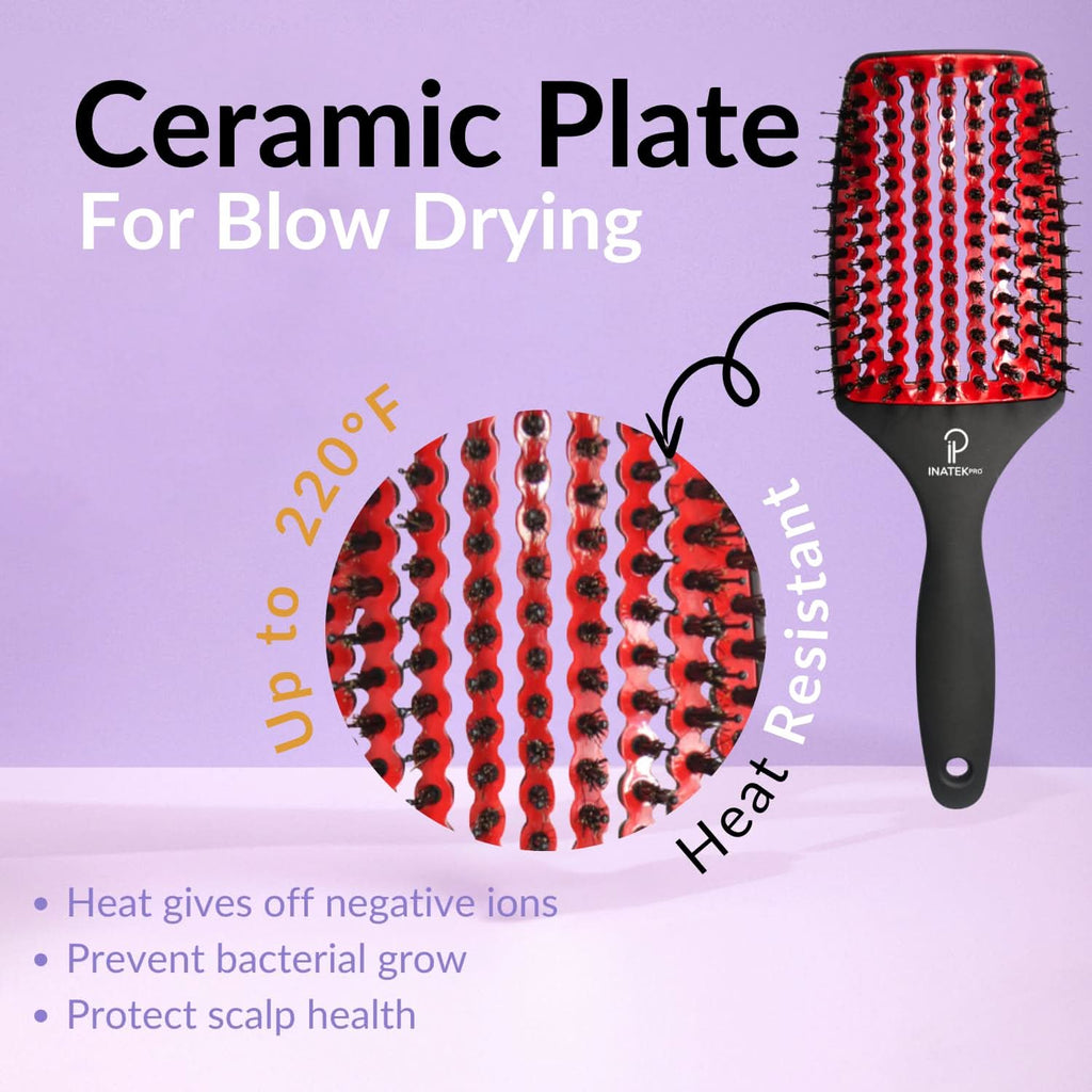 Large Curved Vented Boar Bristle Detangler Brush in Red