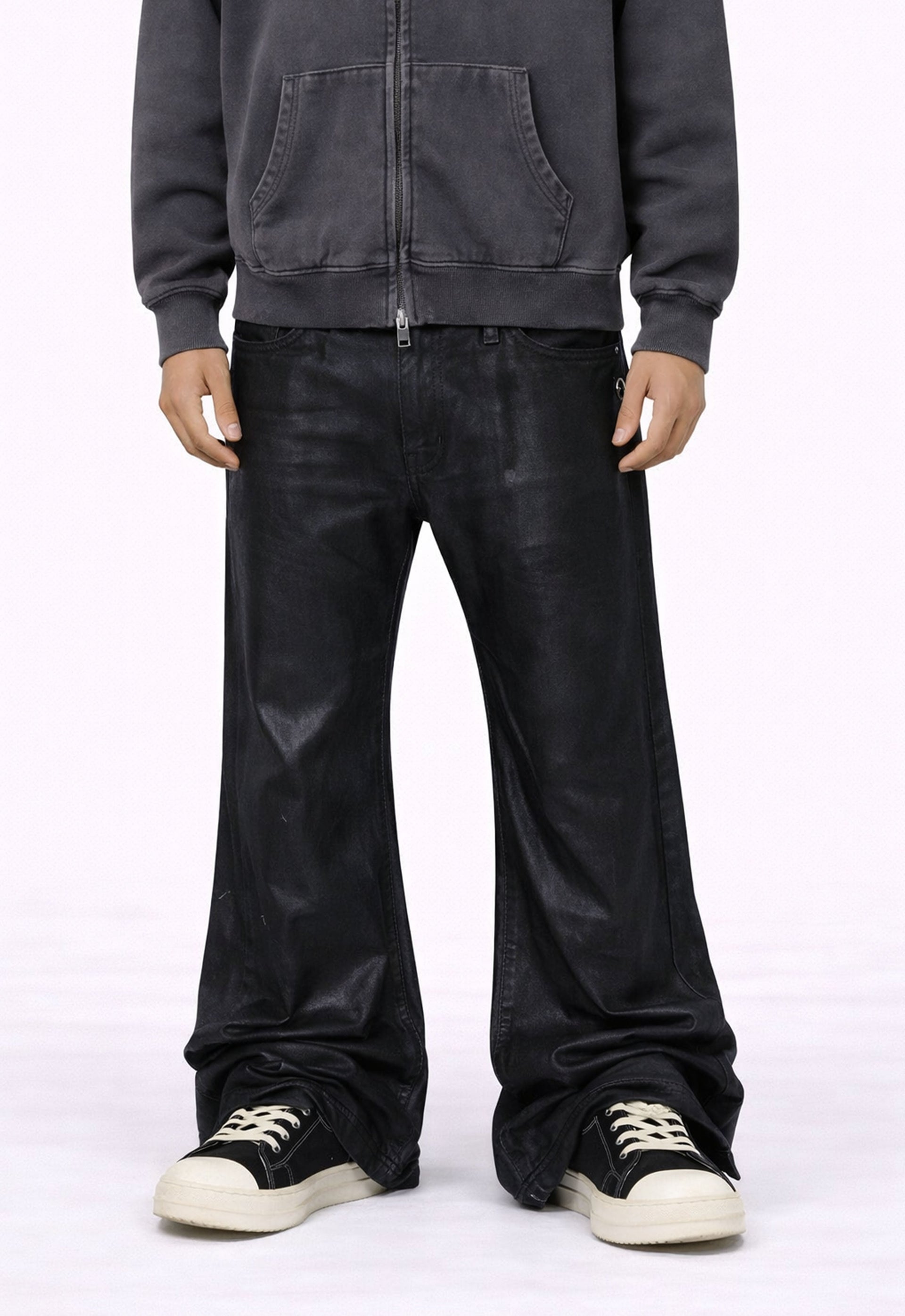 Wideboy Waxed Flare Denim Jeans in Black Heavyweight Cotton - Image 2