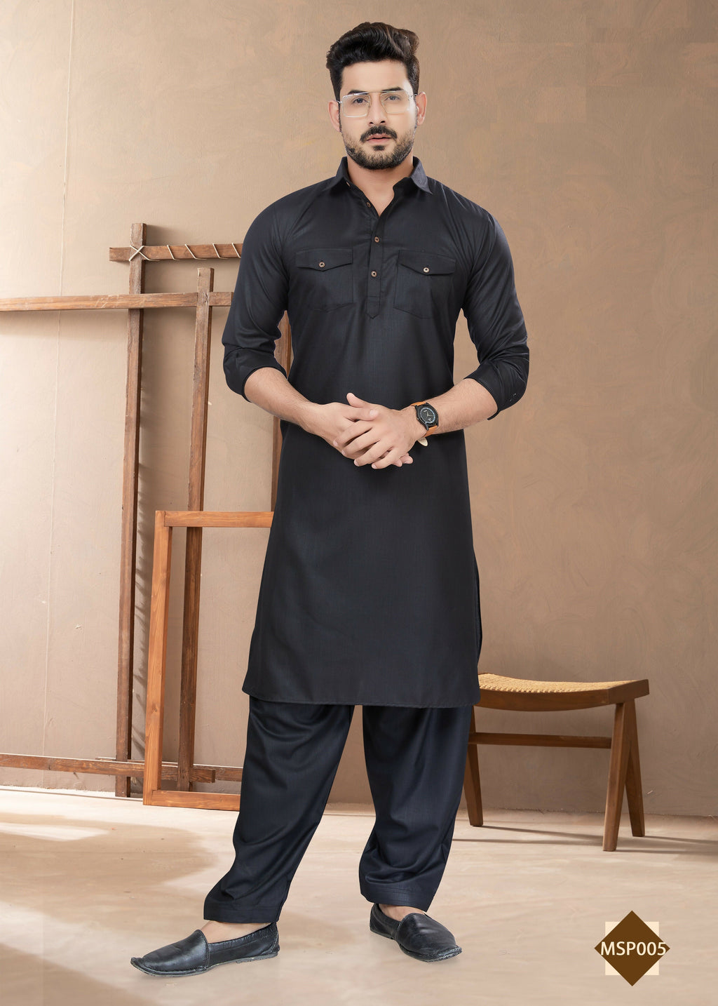Boys Black Heavy Cotton Plain Kurta Pyjama Set for Parties