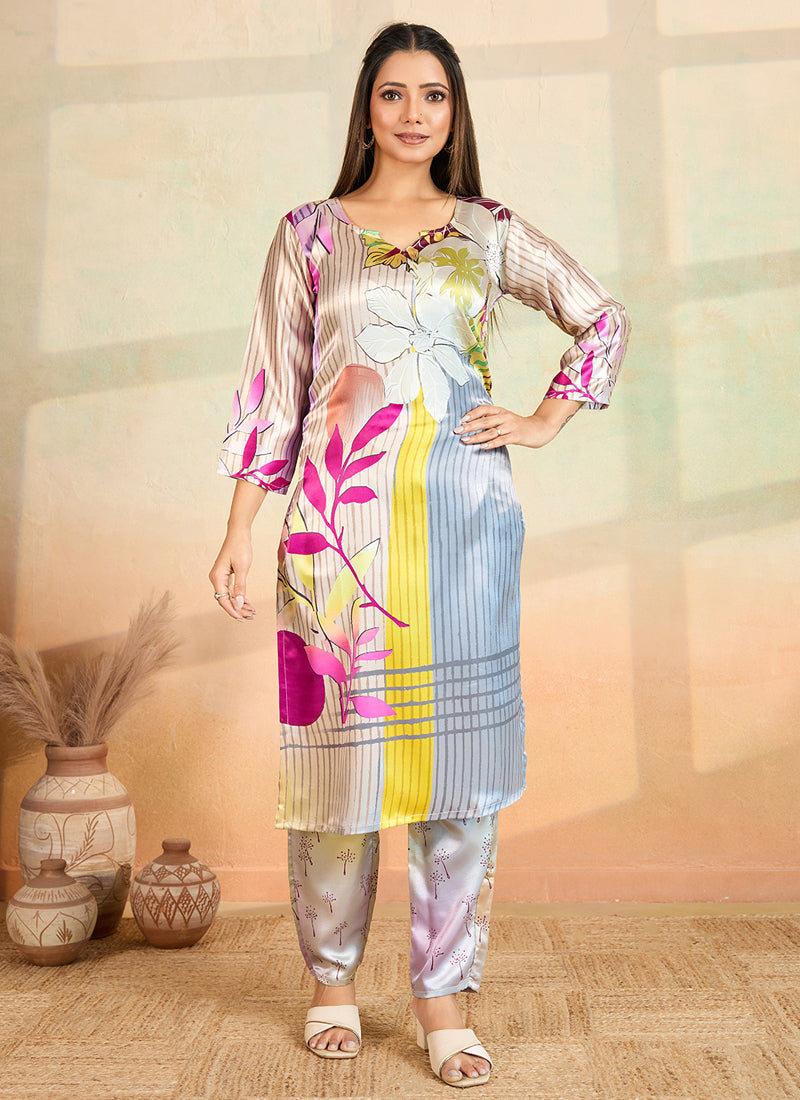 Multi color printed cotton rayon kurta with matching pant set