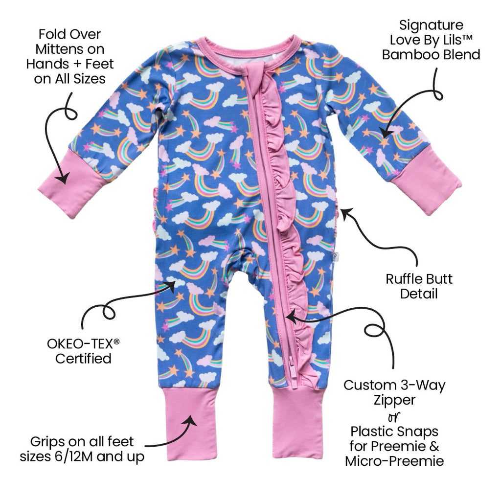Lavender Rainbows Bamboo Ruffle Convertible Footie