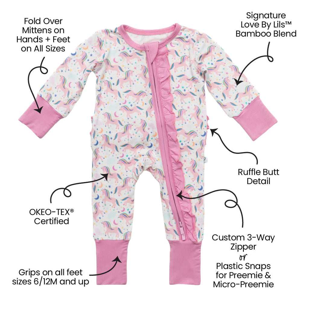 Lavender Unicorns Bamboo Ruffle Convertible Footie